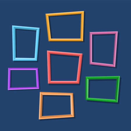 Collection of colorful photo frames hanging on the wall vector isolated. Empty space for message, blank background.のイラスト素材