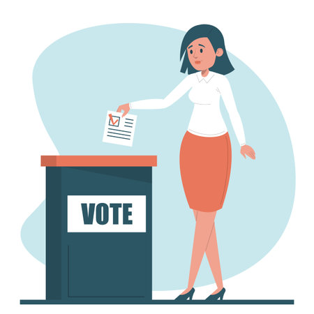 Woman voting for a president vector isolated. Female character standing at the vote box and holding...