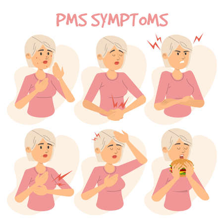 Symptoms of PMS isolated info graphic. Female person with headache, belly and breast pain, acne on face and mood swings. Premenstrual syndrome.のイラスト素材