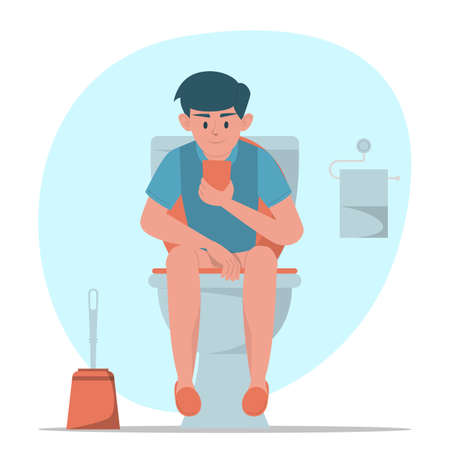 Boy teenager sitting on toilet with mobile phone isolated. Person in restroom. Funny illustration, guy in lavatory.のイラスト素材
