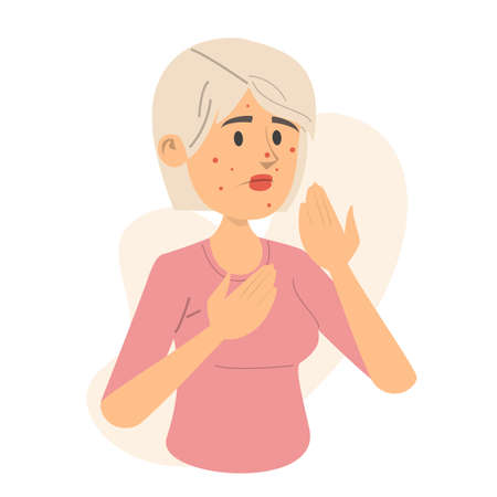 Sad woman with red acne on the face vector isolated. Facial problems, dermatology concept. PMS symptom, concerned woman.のイラスト素材