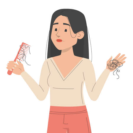 Woman holding comb with hair on it vector isolated. Sign of alopecia, problem with health. Hair thinning and loss.のイラスト素材