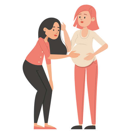 Pregnant woman standing and touching belly  isolated. Young mother expecting baby. Happy female character holding belly. Homosexual couple expecting baby.のイラスト素材