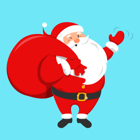 Santa Claus holding a big red bag full of gifts vector isolated. Merry Christmas and a Happy New Year concept. Present sack, cheerful Santa.のイラスト素材