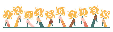 Hand holding scorecards with numbers from 1 to 10 vector isolated. Jury showing result. Group of judges with signs.のイラスト素材