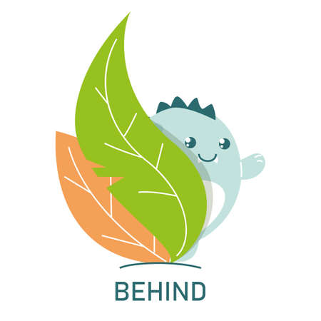 Cute dinosaur behind the leaves, learning preposition vector isolated. Preschool education, study position of the object. Funny dino standing behind plants.のイラスト素材