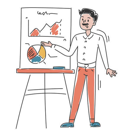 Business person showing presentation vector isolated. Doodle illustration of businessman presenting sales chart. Office worker on seminar.のイラスト素材