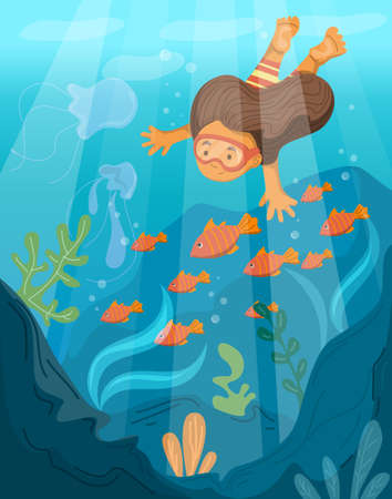 Cute child swimming underwater. Vector illustration of girl snorkeling with mask. Fish and coral in the sea. Tropical lifestyles, kid having fun.のイラスト素材