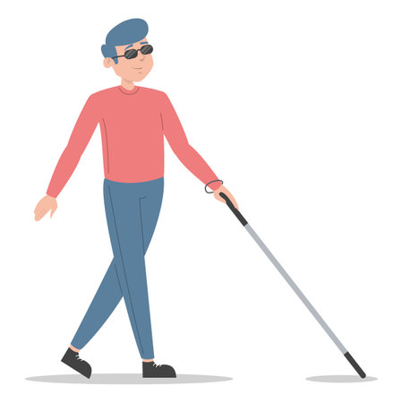 Blind man walking with cane vector isolated. Disabled male character in sunglasses, person without vision. Handicapped man using stick for walking. Young adult, problem with health.のイラスト素材