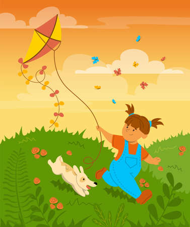 Happy little child playing with a kite vector illustration. Kid having fun with a dog, cute girl running on the field. Colorful sunset on the background. Outdoor activity, childhood concept.のイラスト素材