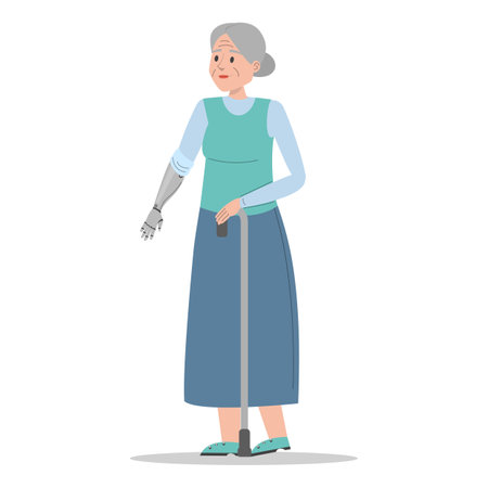 Old disabled woman vector isolated. Senior lady with prosthetic arm, elderly amputee. Grandmother walking with a stick. Handicapped person.のイラスト素材