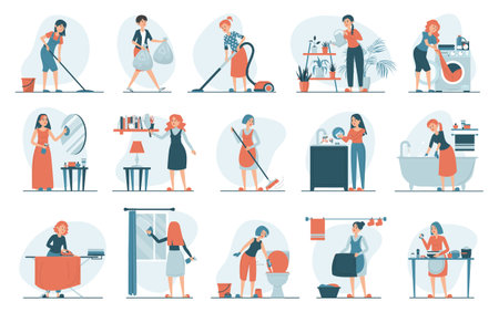Housework set vector isolated. Collection of women doing house work. Vacuum cleaning, clothes ironing, cooking, wiping dust. Female characters cleaning window and mirror.のイラスト素材