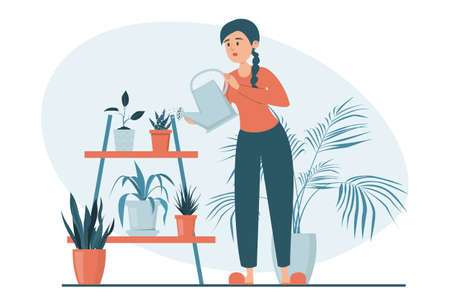 Woman watering plants in pots vector isolated. Illustration of a female character taking care of house plants. Gardening concept. Beautiful potted plants.のイラスト素材