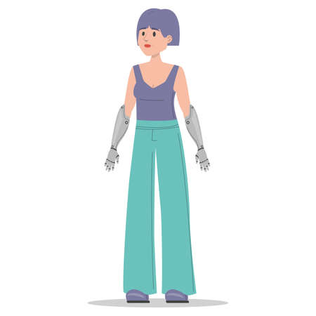 Woman with prosthetic arms vector isolated. Bionic limbs, amputee female person. Concept of people with disability. Happy beautiful woman standing.のイラスト素材
