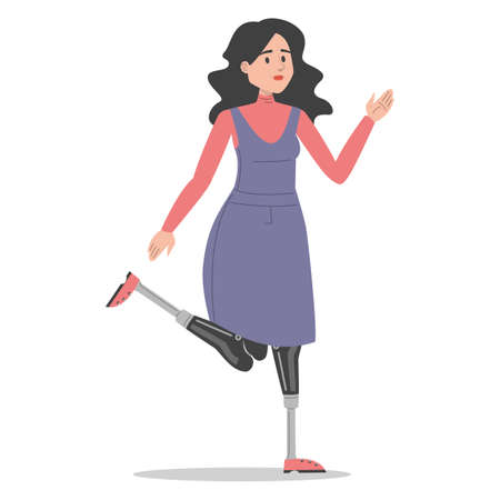 Happy young woman with prosthetic legs vector isolated. Illustration of young adult wearing a prosthesis. Handicapped person, female character with artificial limbs.のイラスト素材