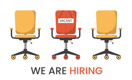 We are hiring vector isolated banner. Three chairs in a row, one red chair is vacant. Build your career. Searching for a candidate for the job in office.のイラスト素材