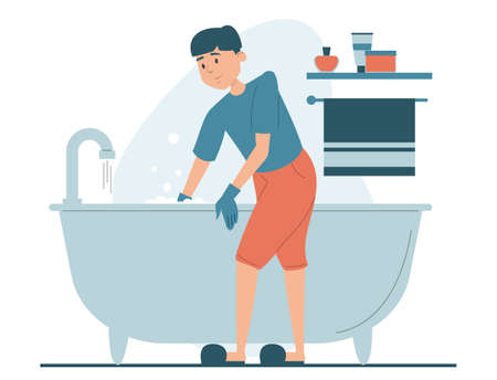 Man cleaning bathtub vector isolated. Everyday domestic routine, househusband in gloves, washing bath using sponge. House chores.のイラスト素材