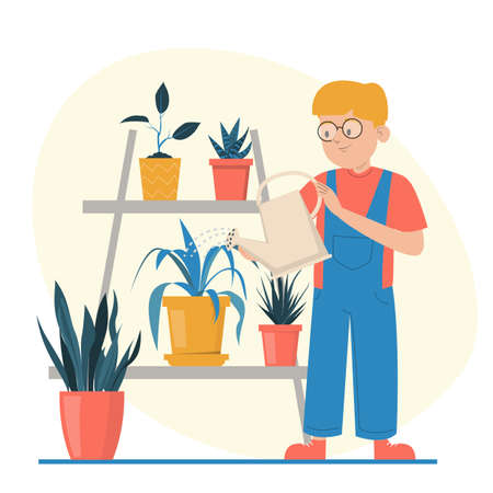 Cute boy watering plants in pots vector isolated. Illustration of a kid taking care of house plants. Gardening concept. Beautiful potted plants.のイラスト素材
