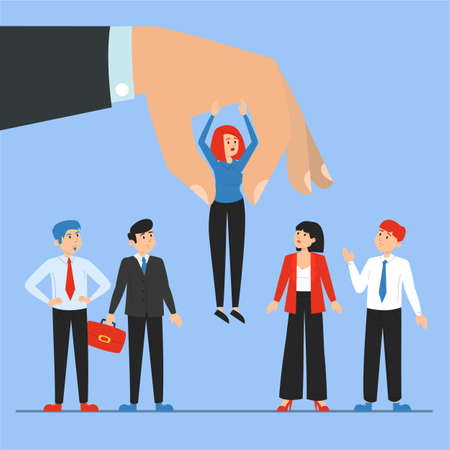 Giant hand choosing candidate for a job vector illustration. Idea of recruitment and human resources. Happy employee. Group of peopleのイラスト素材