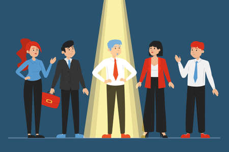 Light shining on the right candidate for a job, recruitment concept. Select worker for your team. Crowd of people standing.のイラスト素材