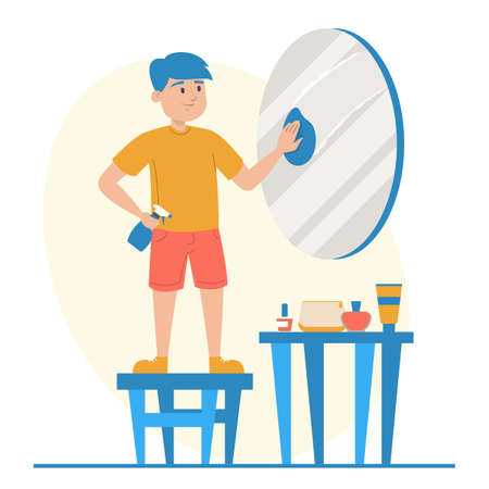 Boy cleaning the mirror vector isolated. Kid wiping mirror using cloth and spray. Domestic daily routine.のイラスト素材