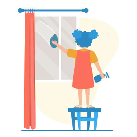 Girl cleaning the window vector isolated. Child doing domestic routine. Washing glass window with sponge.のイラスト素材