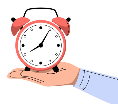 Hand holding alarm clock vector isolated. Idea of time management and deadline. Save your time. Businessman controls work progress.のイラスト素材