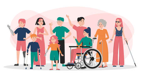 International day of persons with disabilities banner vector isolated. Handicapped people together. World day of disabled people. Lady in wheelchair, man with prosthetic arm and leg, blind woman.のイラスト素材