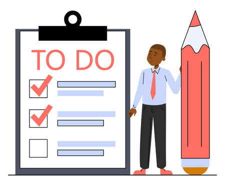 Businessman standing at the big to do list with a pencil vector isolated. Check marks on the paper, successful worker. African american business person in suit.のイラスト素材