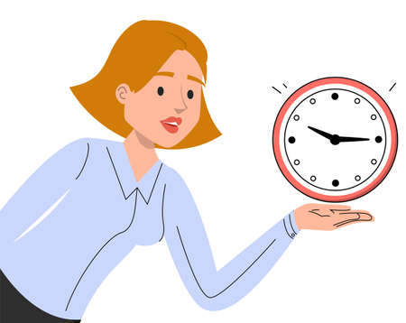 Business woman holding red clock in hand vector isolated. Concept of deadline, time is ticking. Female manager with alarm clock. Punctuality at work.のイラスト素材