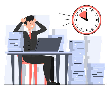 Office worker sitting with paper piles around and looking in panic at clock vector isolated. Idea of...