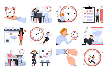 Time management set vector isolated. Concept of deadline, planning and business strategy. Office workers and clock, schedule at work, idea of daily activity control.のイラスト素材