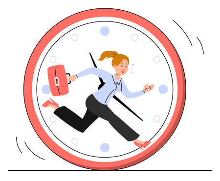 Business woman running inside the clock in panic vector isolated. Concept of deadline, person in a hurry. Office worker is late.のイラスト素材
