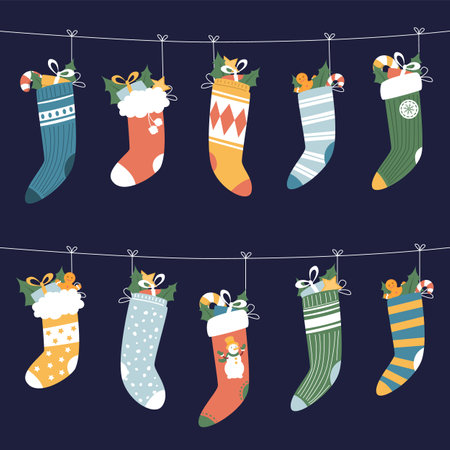 Set of cute hanging christmas stockings full of small gifts sush as candies and toys. Vector illustration of funny decorations. Winter holiday greeting card design. Merry Christmas and Happy New Year.のイラスト素材