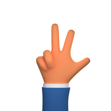 3D hand showing number 3 isolated. Cute cartoon business hand counting. Hand gesture, showing three fingers.の写真素材