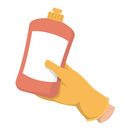 Hand in glove holding dishwashing liquid vector isolated. Red plastic bottle full of liquid soap. Hand in protective glove. Idea of cleaning service.のイラスト素材
