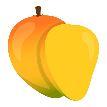 Fresh mango isolated. Illustration of exotic fruit, sliced mango pulp. Organic dessert, healthy food. Ripe juicy product.のイラスト素材