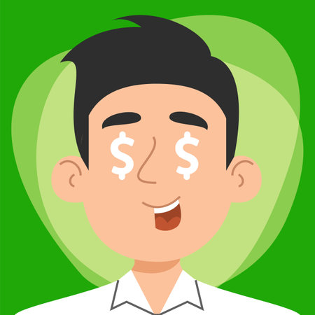 Greedy man with dollar signs in eyes vector illustration. Person obsessed with money and finance. Wealthy character, dollars in eyes.のイラスト素材