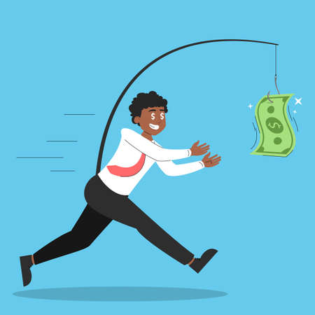 Greedy businessman running after the green dollar banknote hanging on the hook. Financial bait. Employee needs more money.のイラスト素材