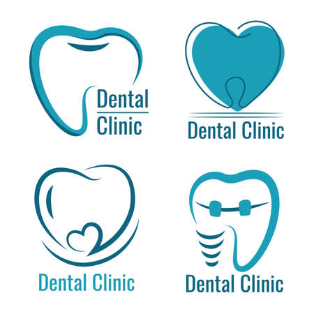 Dental clinic logotypes set vector isolated. Collection of logos for dentistry. Abstract shapes, modern design for logo. medical business concept. Blue teeth icon.のイラスト素材