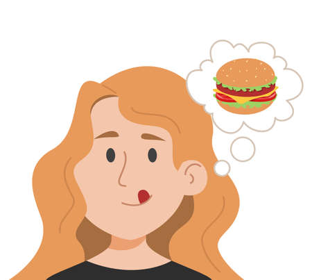 Woman thinking about hamburger vector isolated. Food craving, hungry character wants unhealthy food. Tasty junk food. Beautiful girl dreaming of a burger.のイラスト素材