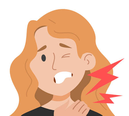 Woman suffering from neck stiffness vector isolated. Pain in the neck, symptom of disease. Problems with health.のイラスト素材
