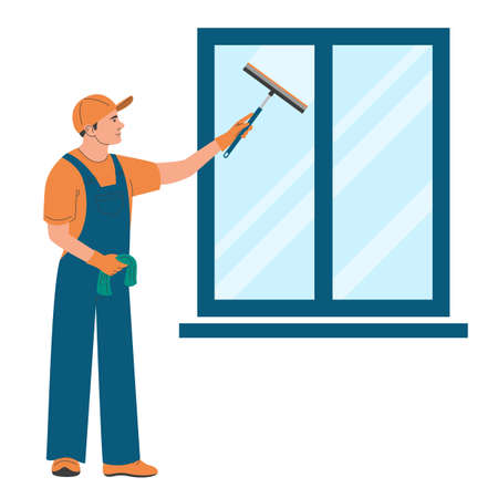 Man cleaning window using squeegee vector isolated. Cleaning service worker in uniform with speacial tool. professional worker.のイラスト素材