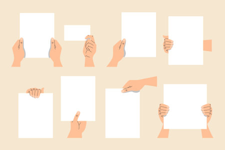 Hands holding empty banners set vector isolated. Collection of illustrations of hands holding white paper sheets. Empty space for message.のイラスト素材