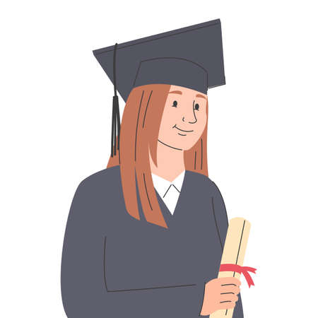 Happy graduated student vector isolated. Smiling bachelor student. Female character holding diploma. Success in education.のイラスト素材