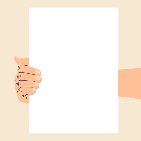 Hand holding empty banner vector isolated. Illustration of hand holding white paper sheet. Empty space for message.のイラスト素材
