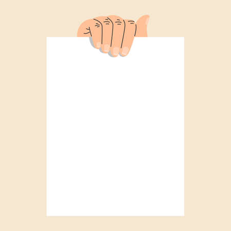 Hand holding empty banner vector isolated. Illustration of hand holding white paper sheet. Empty space for message.のイラスト素材