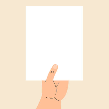 Hand holding empty banner vector isolated. Illustration of hand holding white paper sheet. Empty space for message.のイラスト素材
