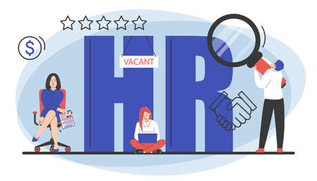 HR or human resources acronym word vector isolated. Concept of recruitment organization, employee searching. colorful banner. Group of people sitting and standing around the letters.のイラスト素材