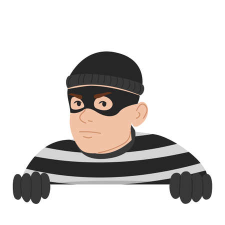 Criminal looking out of corner vector isolated. Illustration of a thief hiding behind the wall. Dangerous character in mask.のイラスト素材